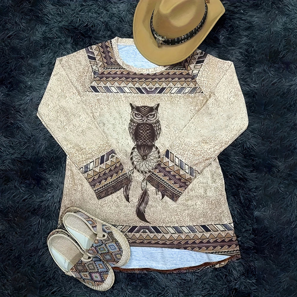 Owl T-shirts Print Long Sleeves Tops Fall/Winter Cotton Casual Loose Pullover