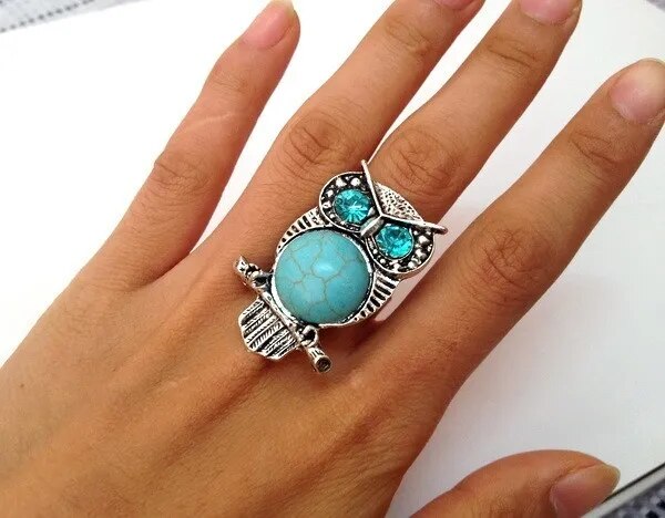 Owl Turquoise Silver Plated Rings Adjustable