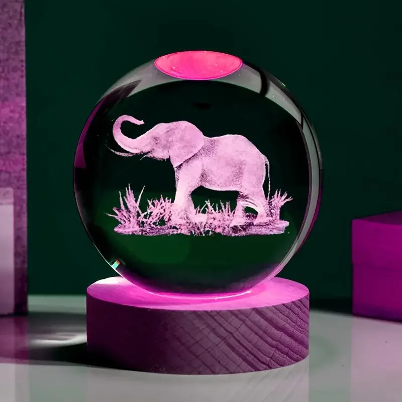 Elephant 3D Laser Carved Crystal Ball With LED Color Lamp Holder