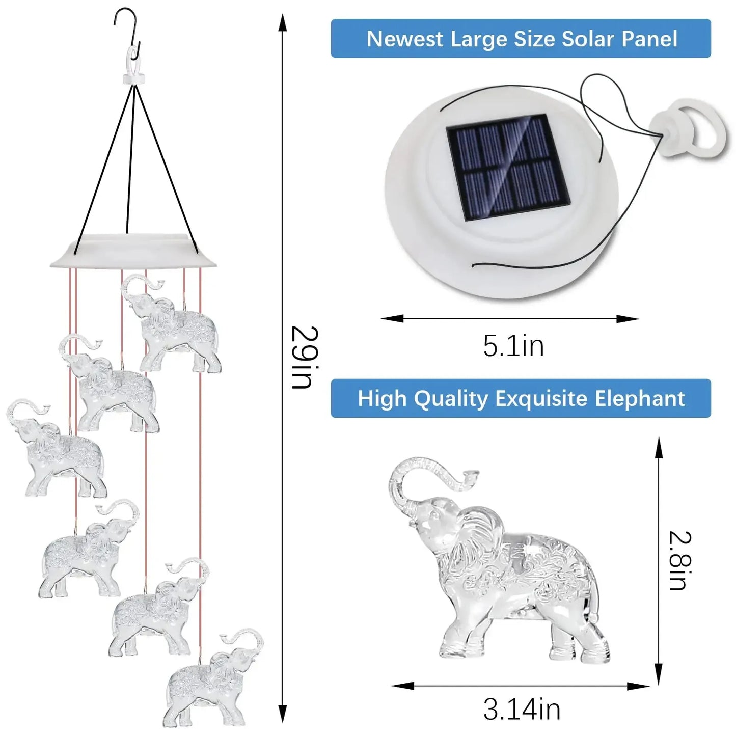 Elephant Wind Chimes Outdoor Solar Waterproof LED