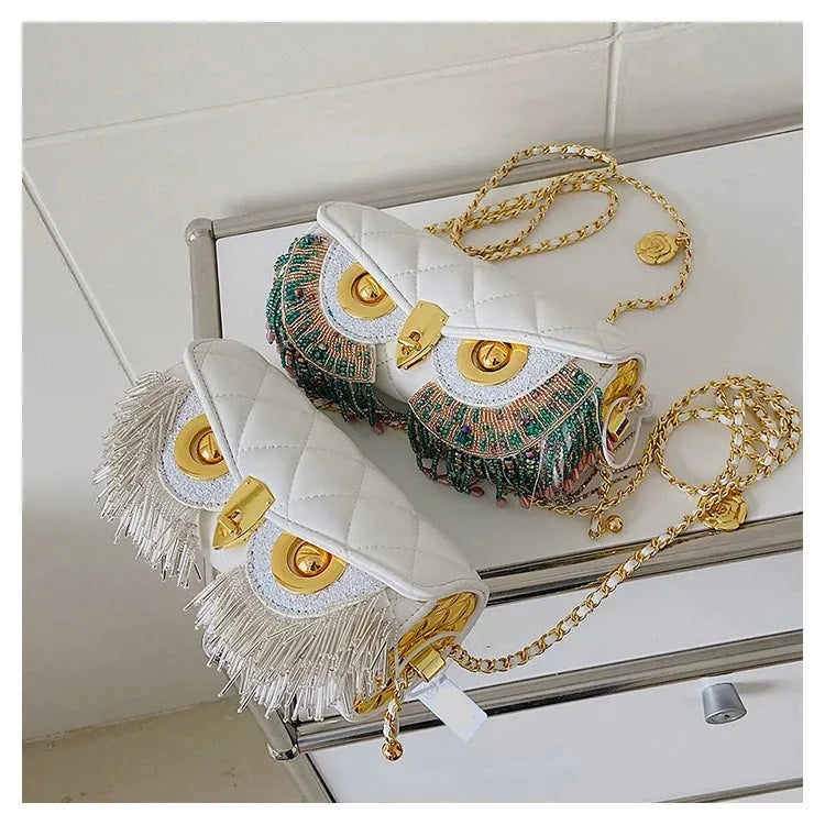 Cute Owl  Crossbody Tassel Bag Leather