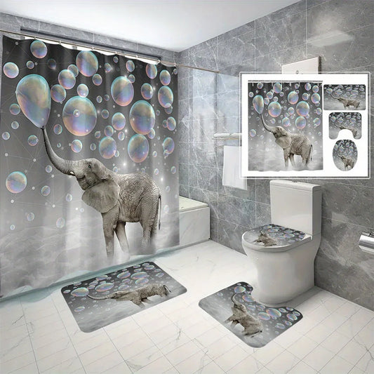 Elephant Digital Print Polyester Shower Curtain No Punching Set  4 Pieces