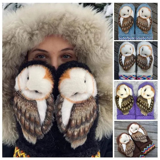 Owl Winter Knitted Gloves Wool