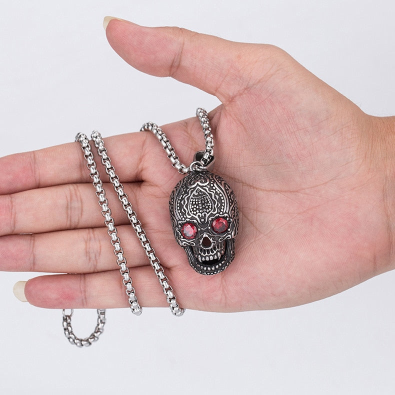 Ruby Eyes Skull Pendant Necklace