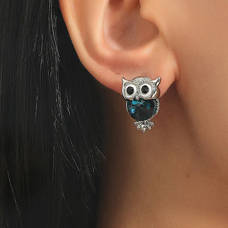Owl Stud Earrings Silver Crystal Rhinestone