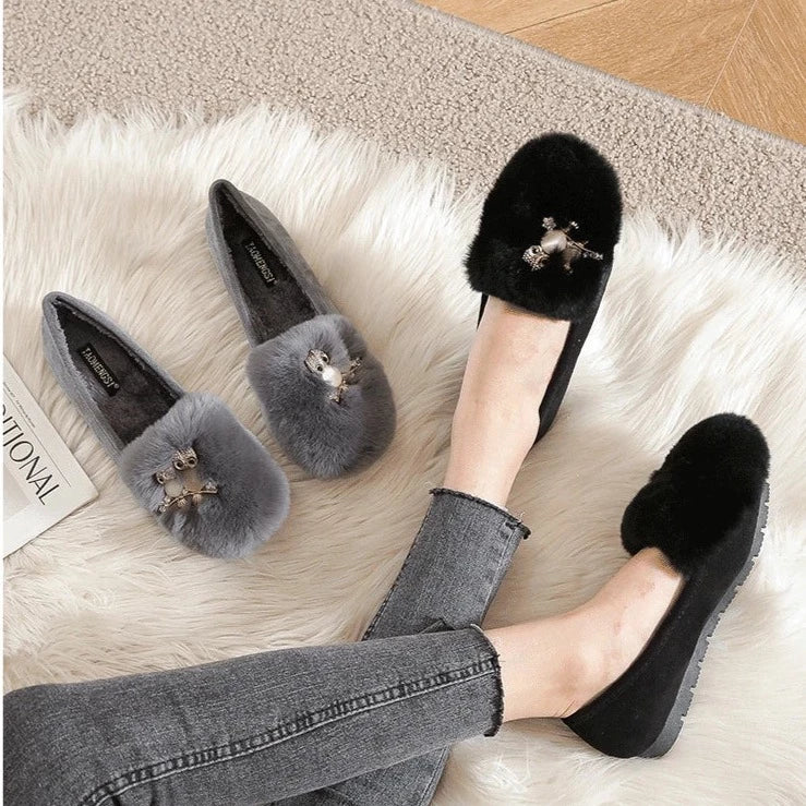Owl Stone Rabbit Fur Shoes Flats