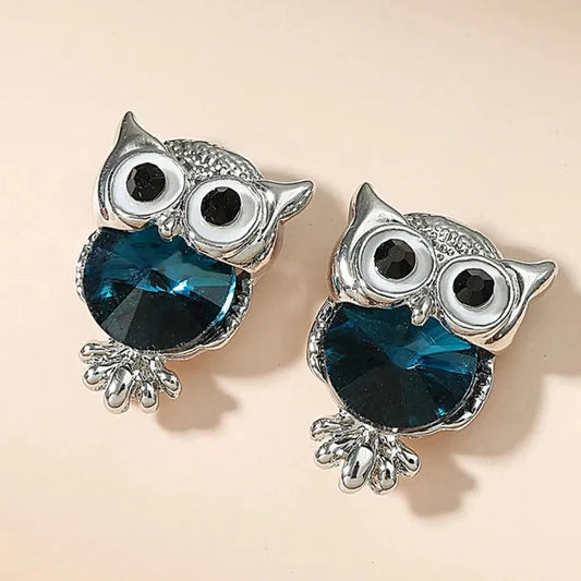 Owl Stud Earrings Silver Crystal Rhinestone