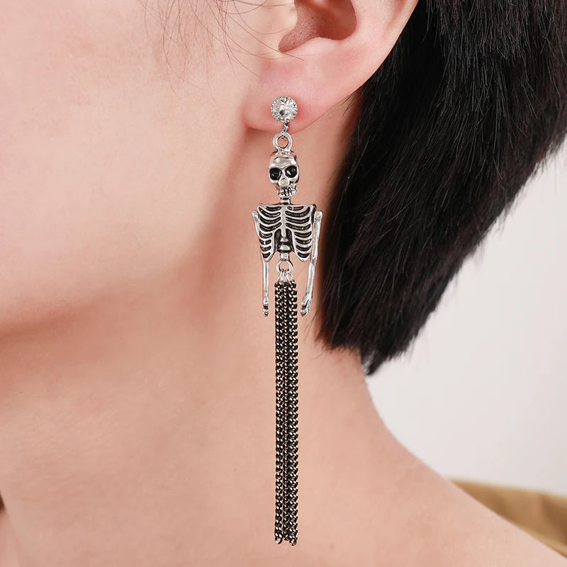 Skull Dangle Clip Earrings Long Exaggerated
