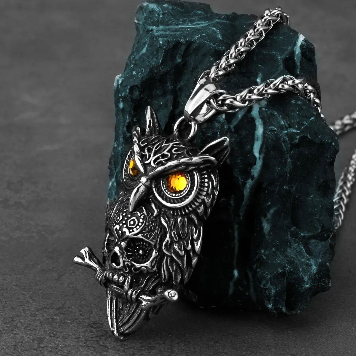 Owl Skull Pendant Necklace Stainless Steel
