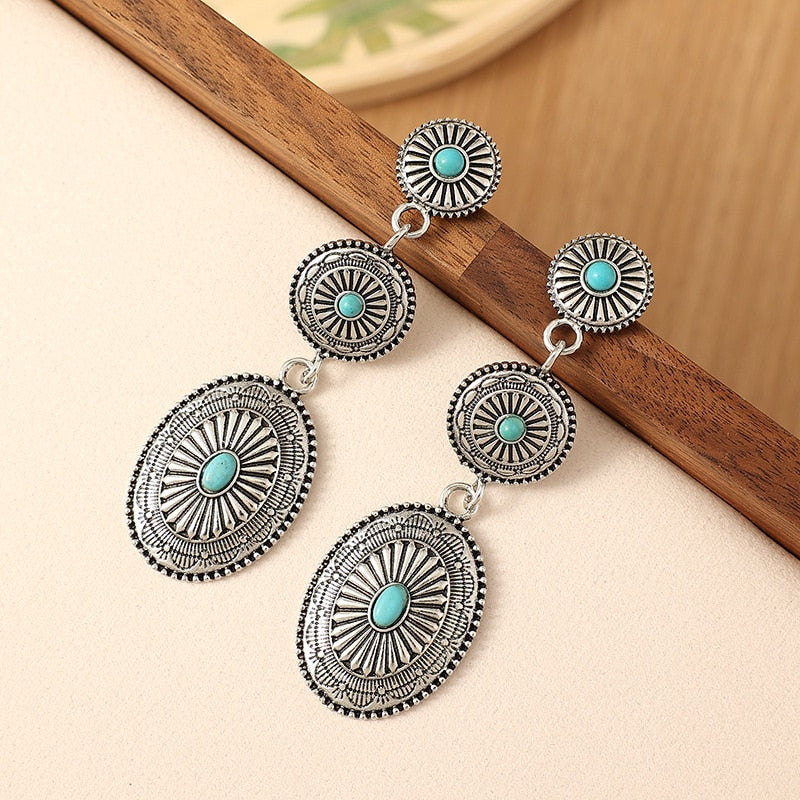 Native Stamped Long Earrings with Turquoise Stone Accent