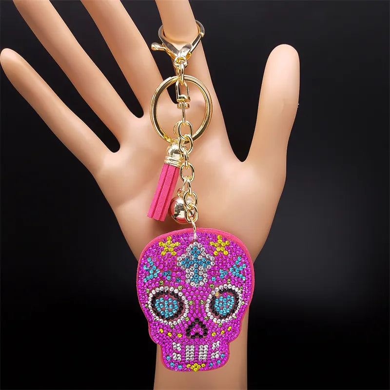 Skull Pink Crystal Key Chain With Tassel Bell Key Holder