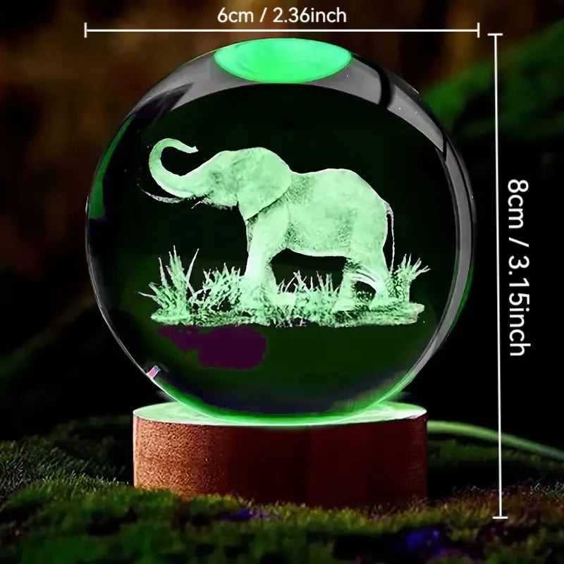 Elephant 3D Laser Carved Crystal Ball With LED Color Lamp Holder