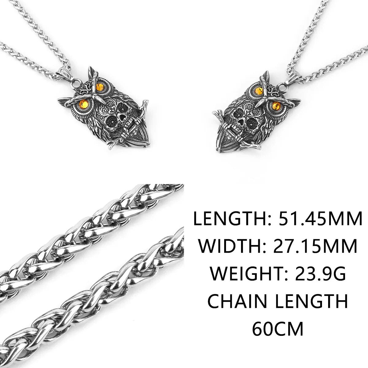 Owl Skull Pendant Necklace Stainless Steel