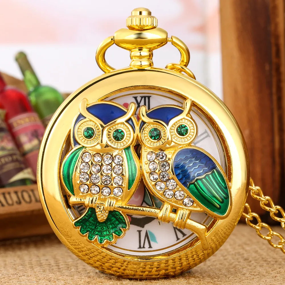 Owl Golden Quartz Pocket Watch