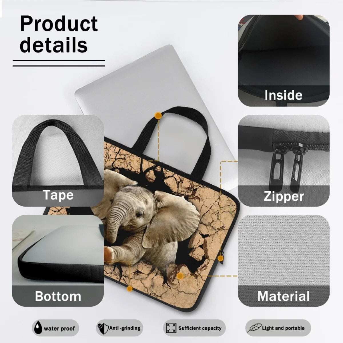 Cute Elephant Laptop Case Tablet Bag Zipper