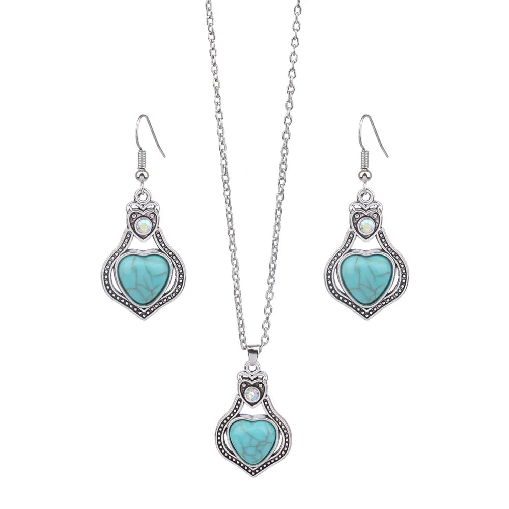 Native Heart Shape Turquoises Pendant Earring Necklace Set