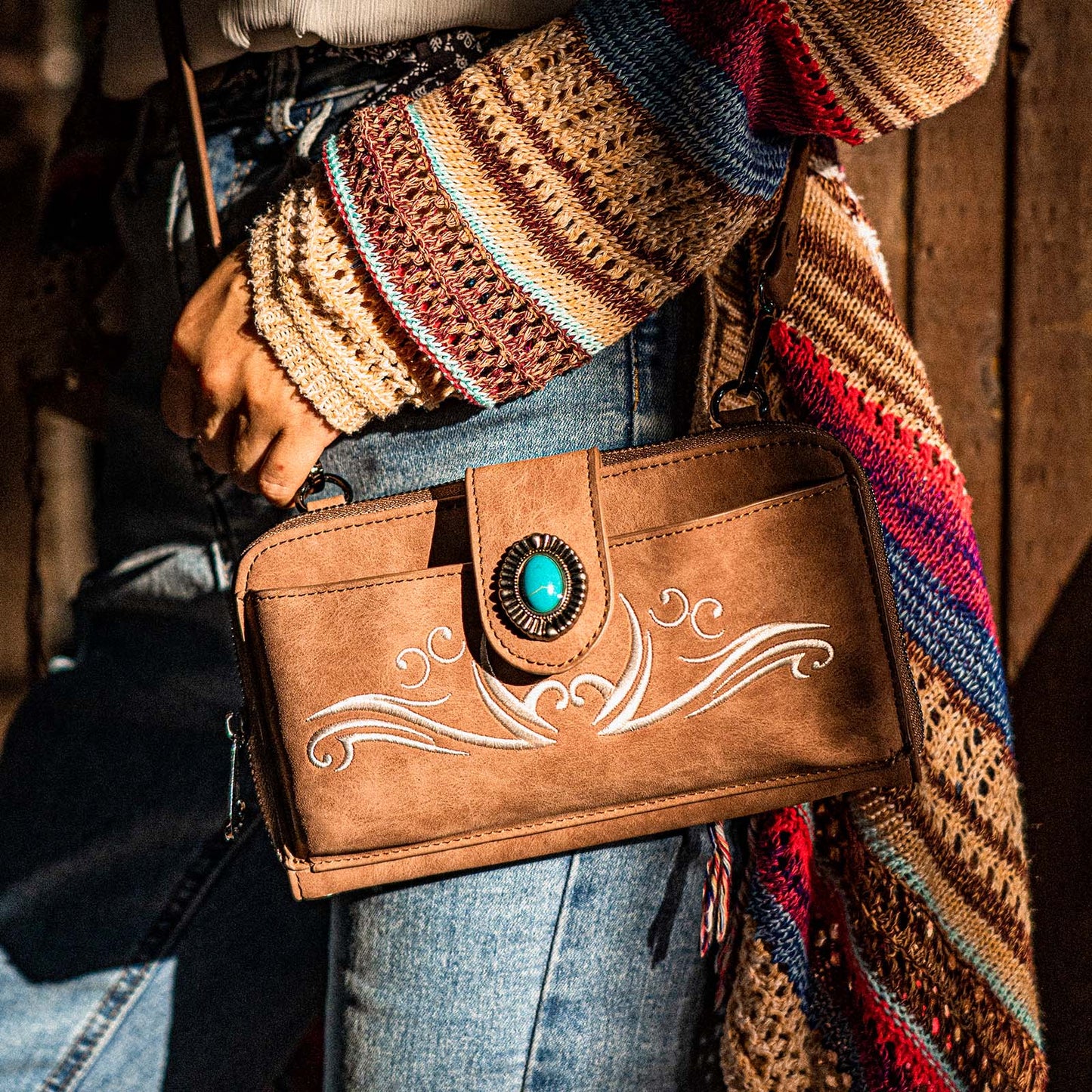 Native Boho Style Crossbody Bag With Turquoise Accents