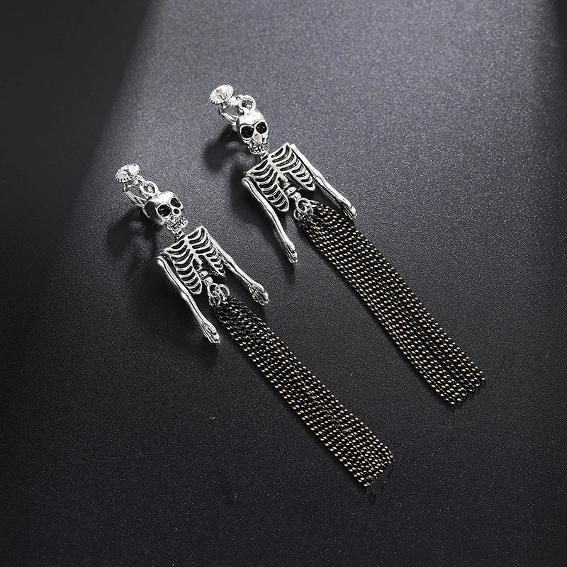 Skull Dangle Clip Earrings Long Exaggerated