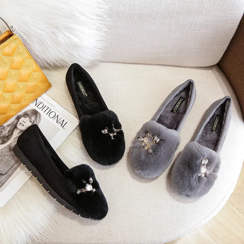 Owl Stone Rabbit Fur Shoes Flats