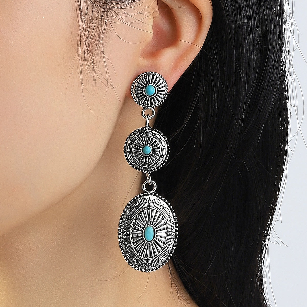 Native Stamped Long Earrings with Turquoise Stone Accent