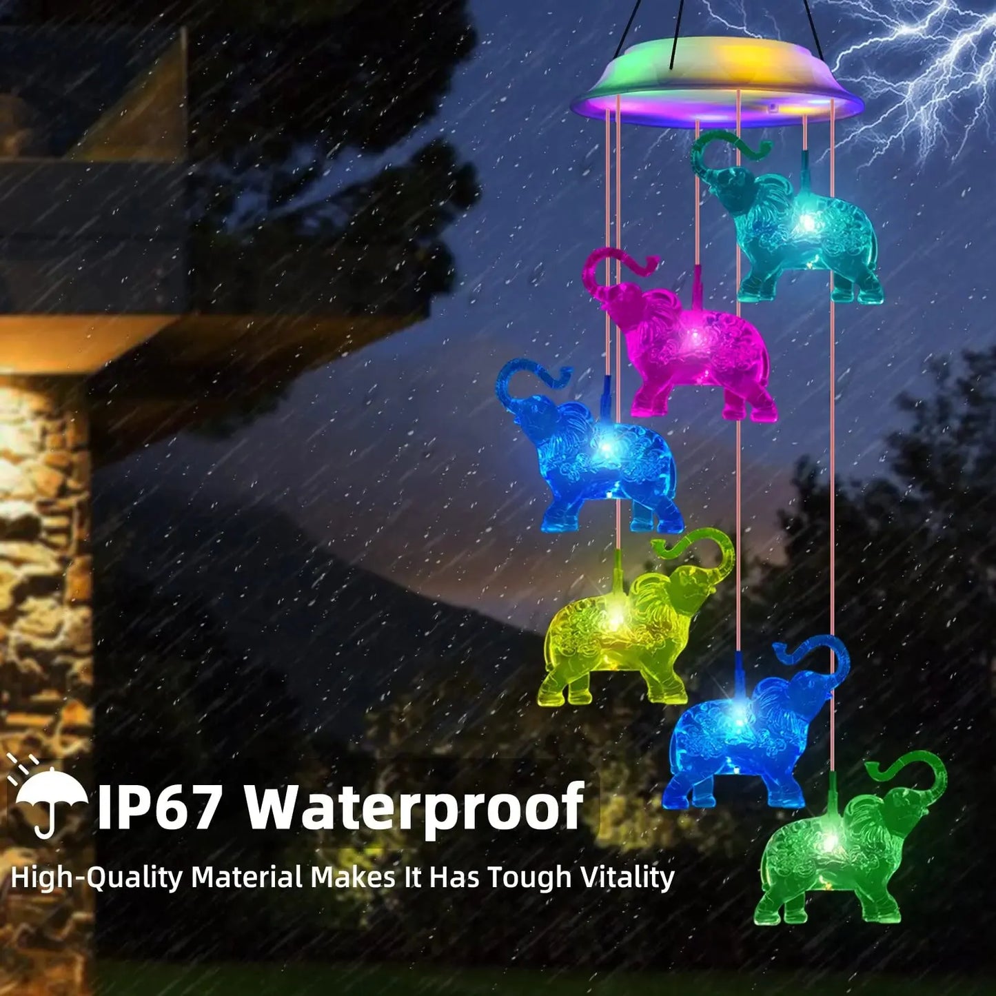Elephant Wind Chimes Outdoor Solar Waterproof LED