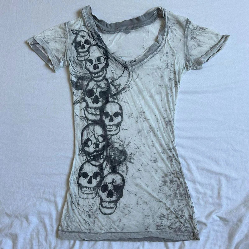 Skull Print T-shirt Slim Fit Tees V-Neck