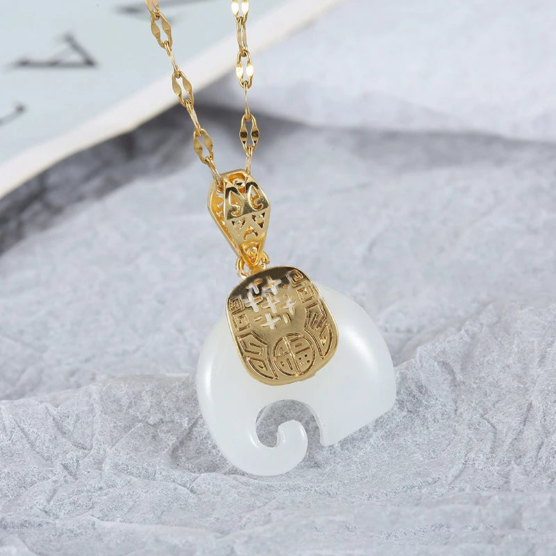 Elephant Pendant 18K Gold Plated Natural Stone Chain Necklace