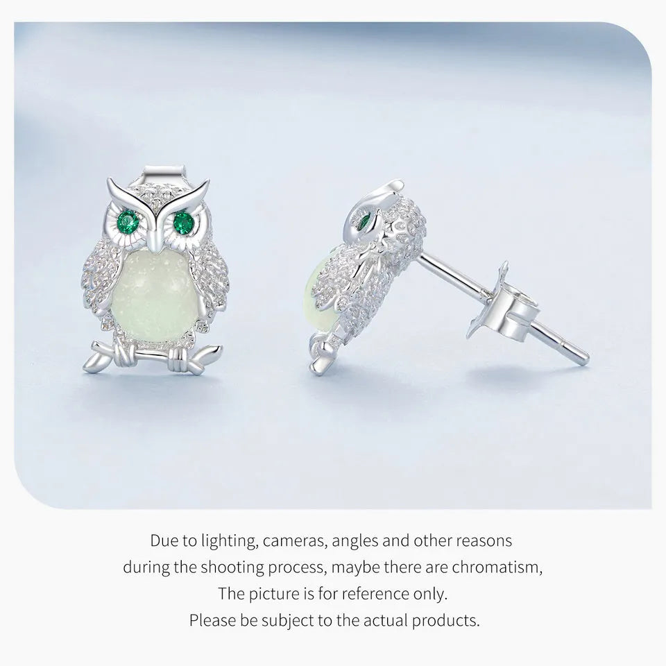 Owl Stud Earrings Sterling Silver Luminous Stone