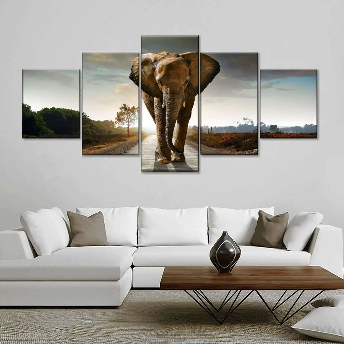 Elephant Sunset Grassland Canvas Painting Prints 5 Piece