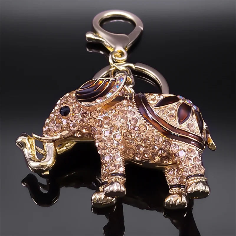 Elephant Rhinestone Keychain Gold Color Metal