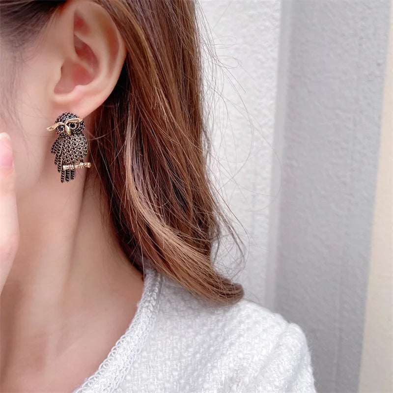 Owl Earrings S925 Silver Shiny Zircon