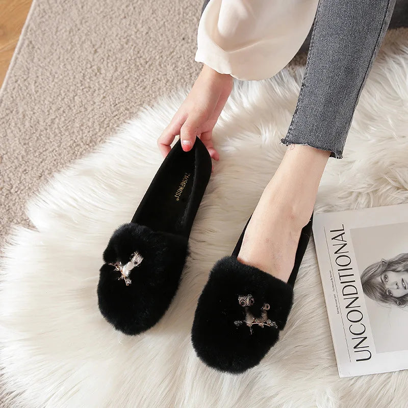 Owl Stone Rabbit Fur Shoes Flats
