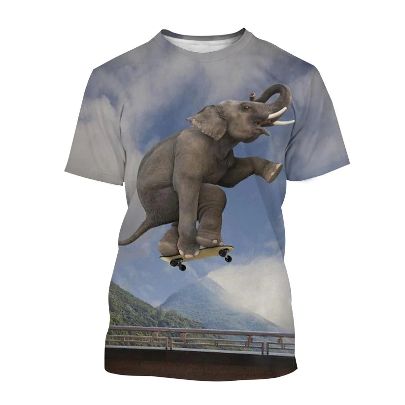 Elephant 3D Print T-Shirt Funny O-Neck Short Sleeve Oversized