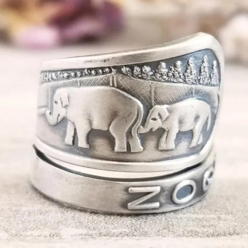 Elephant Silver Color Carving Ring
