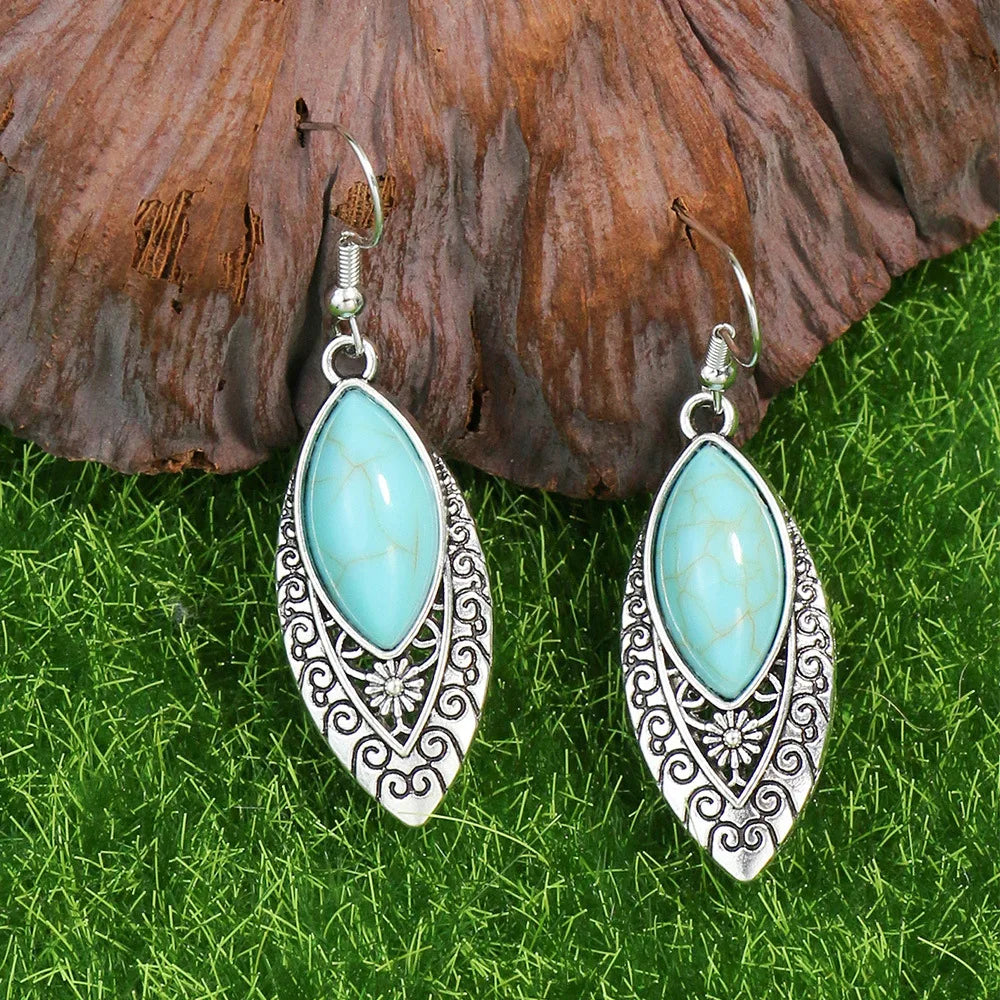 Native Turquoise Necklace Earring Silver Plated Carved