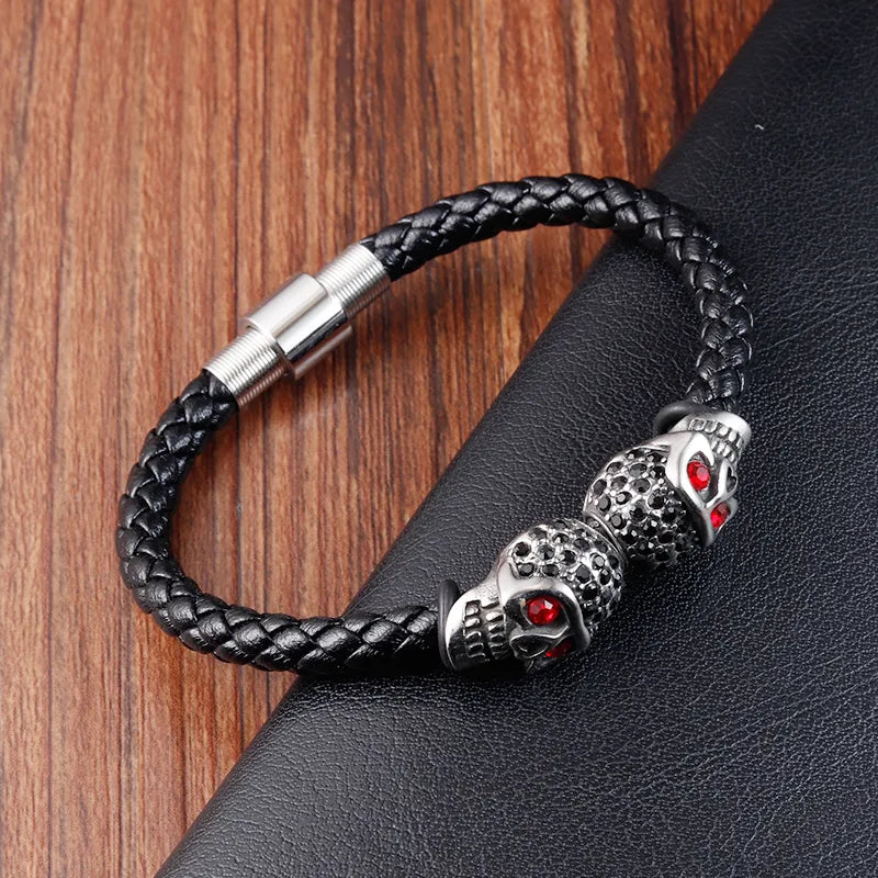 Skull Bracelet Stainless Steel Black Leather
