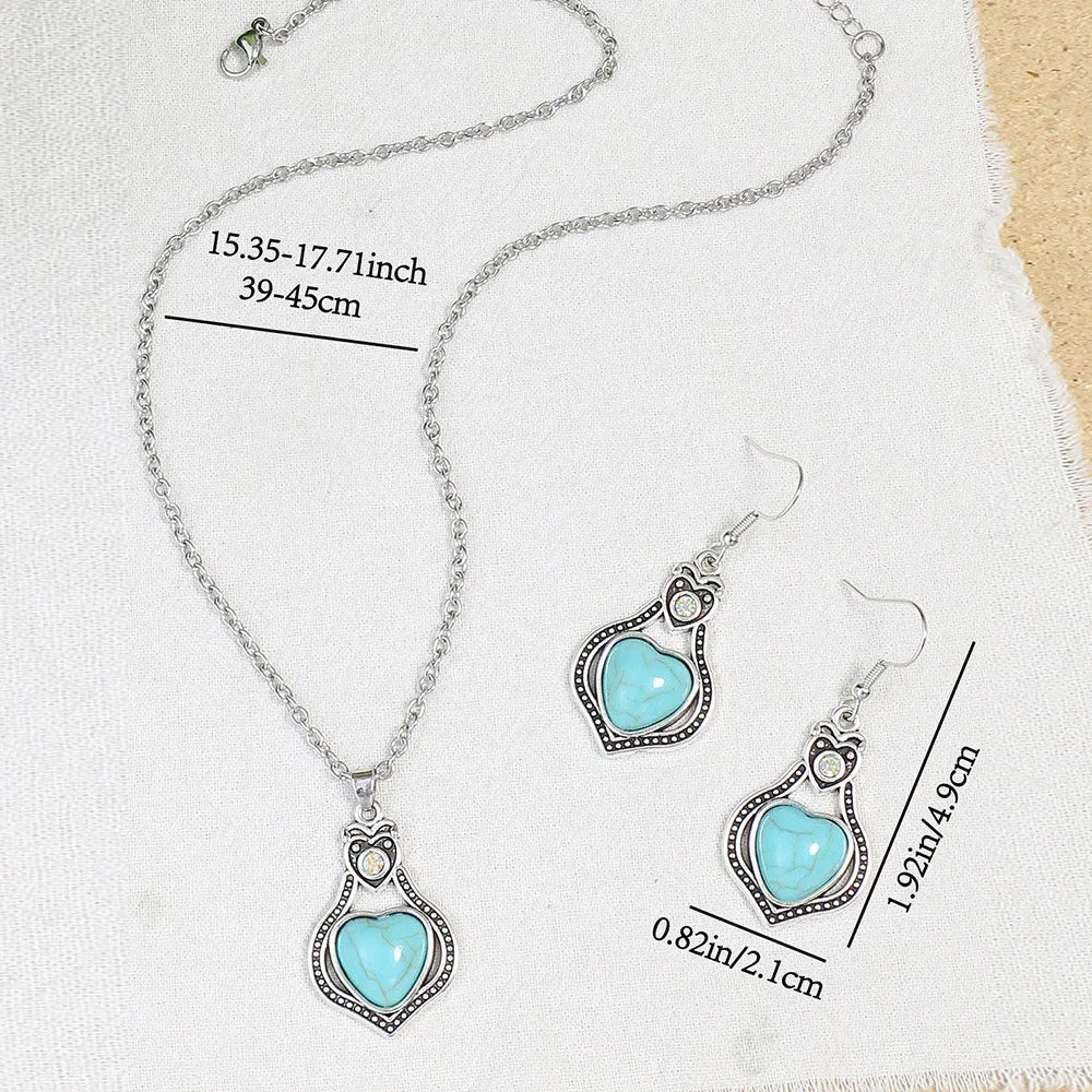 Native Heart Shape Turquoises Pendant Earring Necklace Set