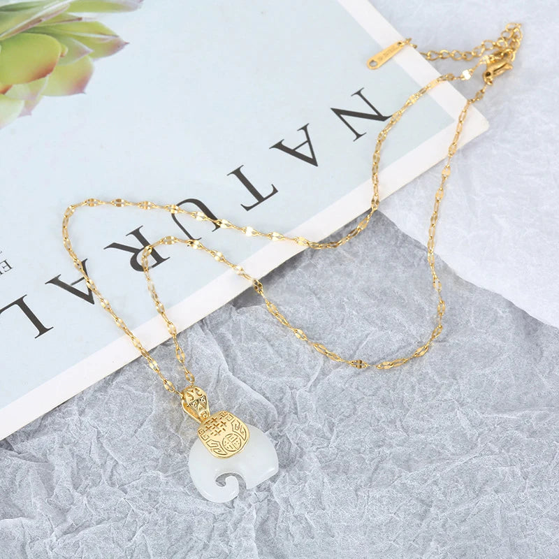 Elephant Pendant 18K Gold Plated Natural Stone Chain Necklace