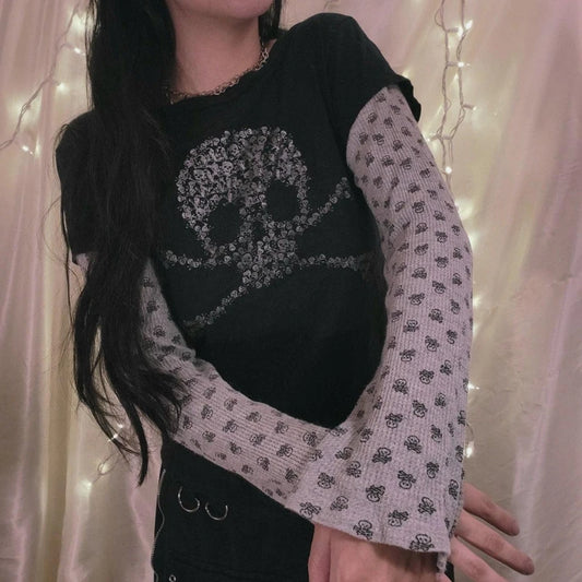 Skulls Print T Shirt Patchwork Long Sleeve Sweater