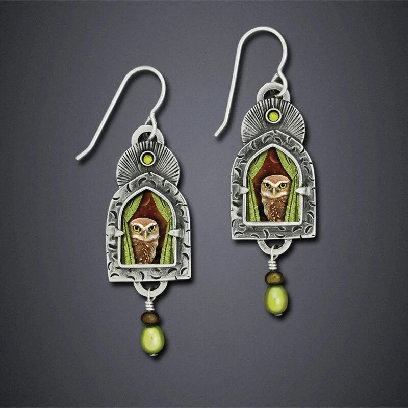 Owl Green Pearl Drop Earrings