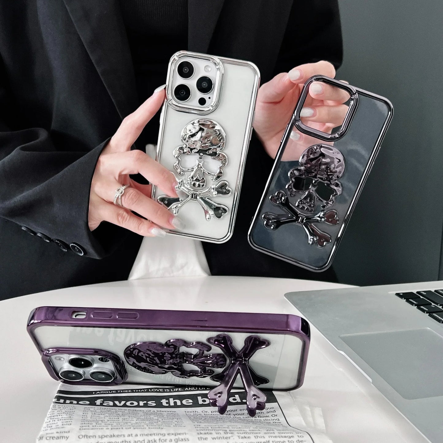 Skull Head Fold Bracket Cover Funds Plating Soft Transparent Phone Case