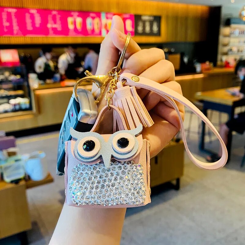 Owl Mini Wallet Rhinestone PU Leather Keychain