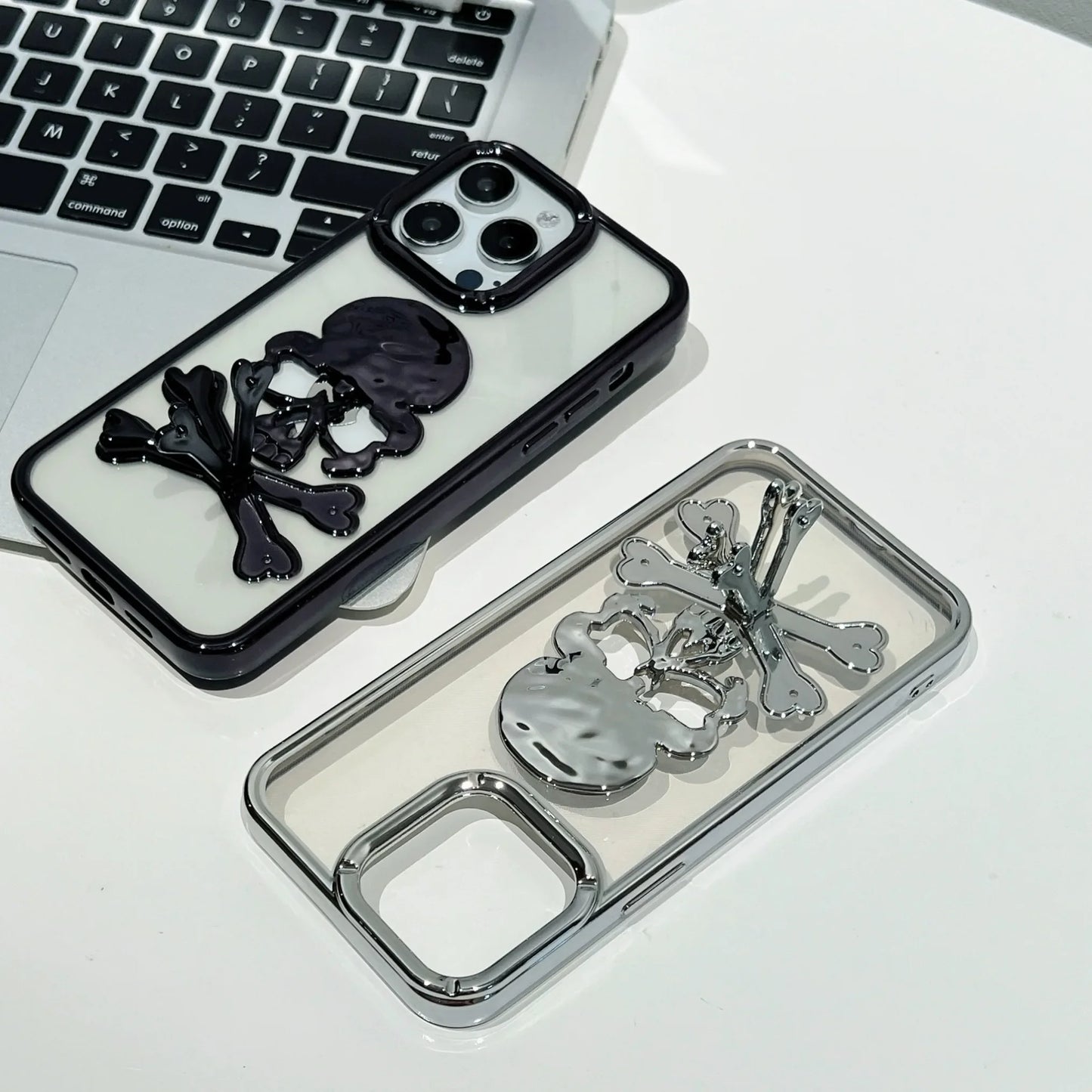 Skull Head Fold Bracket Cover Funds Plating Soft Transparent Phone Case