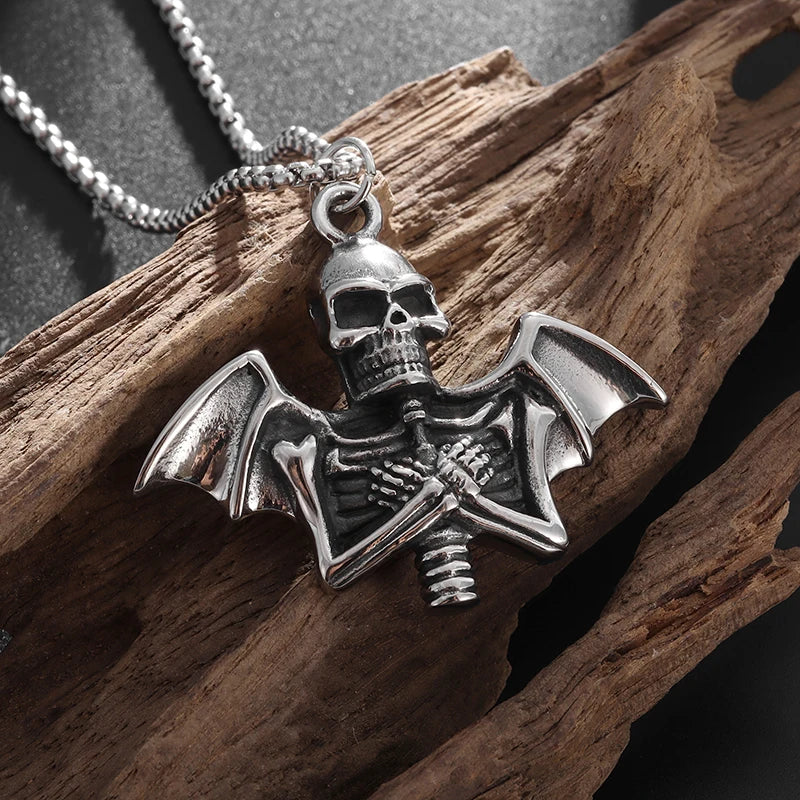 Skull Gothic Bat  Wings Pendant Necklace