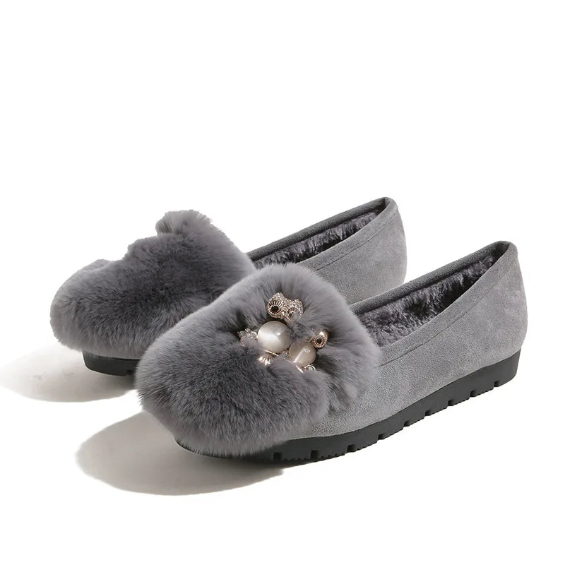Owl Stone Rabbit Fur Shoes Flats
