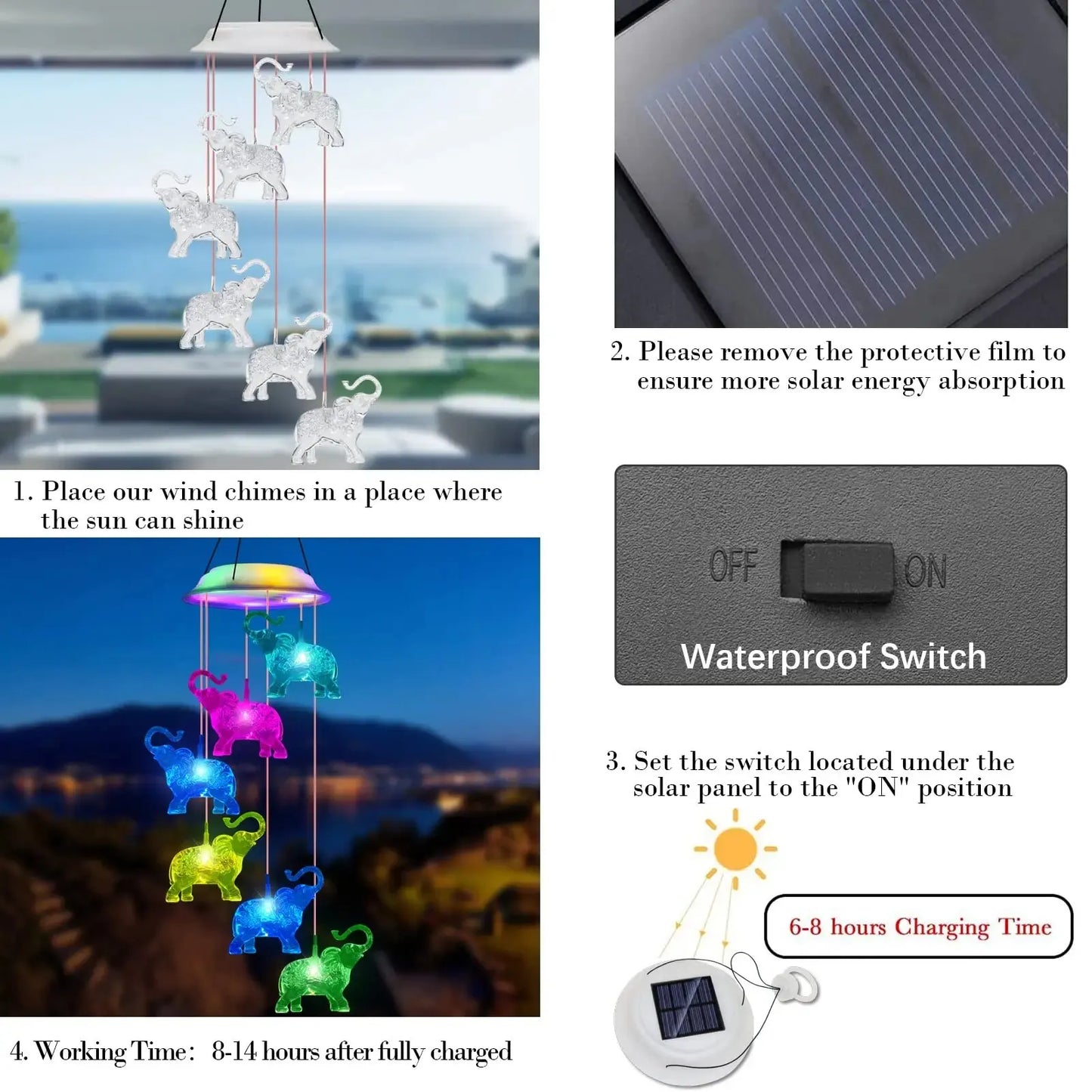 Elephant Wind Chimes Outdoor Solar Waterproof LED