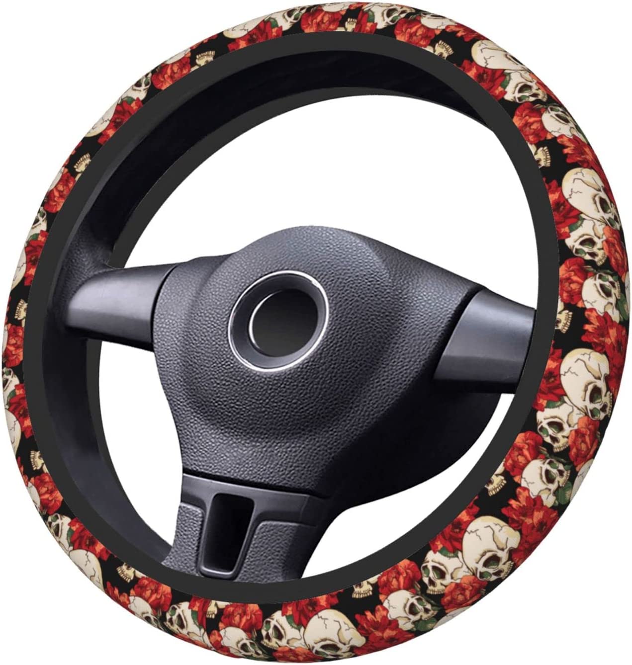 Skull Red Flower Steering Wheel Cover 15 Inches