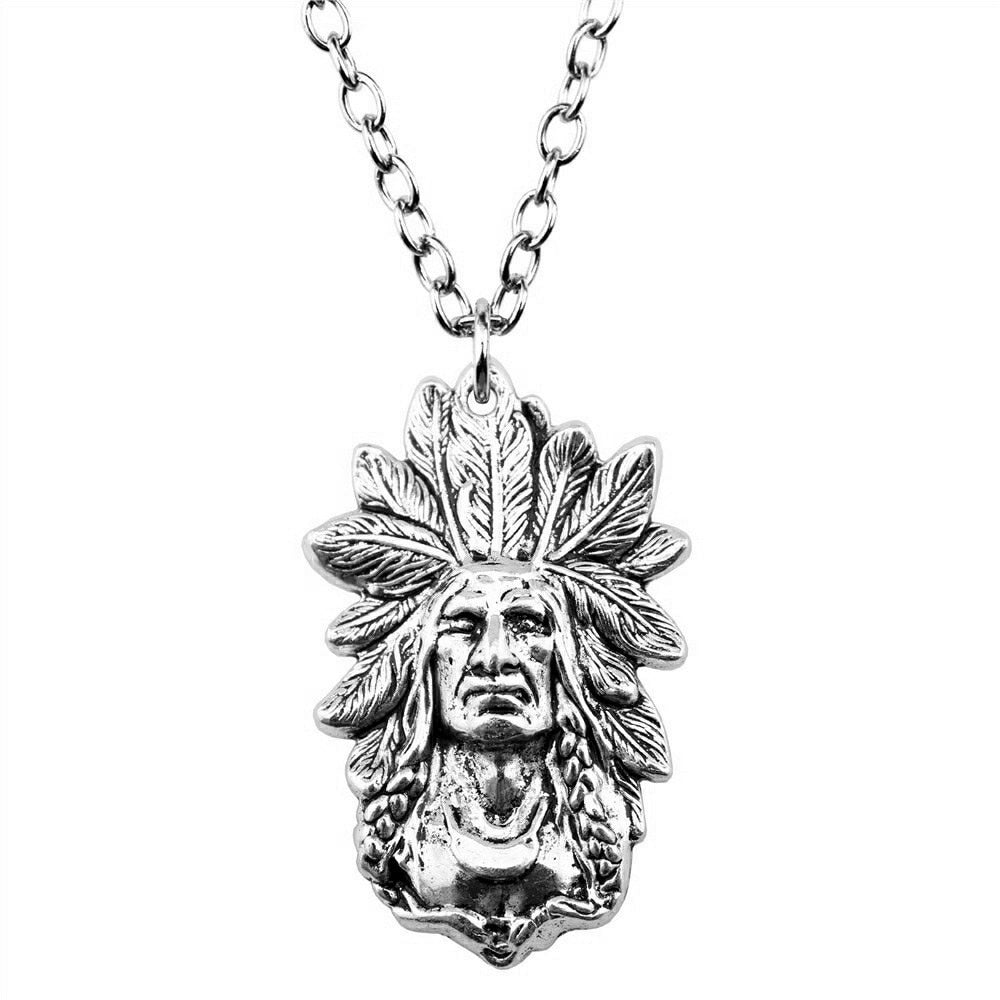 Native Antique Silver Indian Chief Pendant Necklace