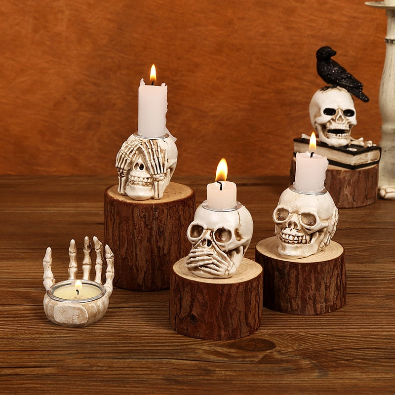 Halloween Skull Head Figurines Resin Candle Holder