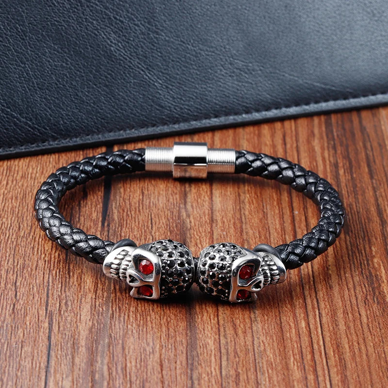 Skull Bracelet Stainless Steel Black Leather